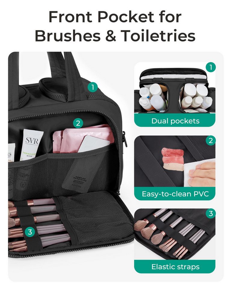 Forrlite Kofferorganizer Reise Kulturtasche Damen Heren Große,Weit Offene Reise‑Kulturbeutel (Kosmetiktasche Make up Organizer mit Griff für Zubehör), Essentials,Toilettenartikel, Schwarz Bild 5