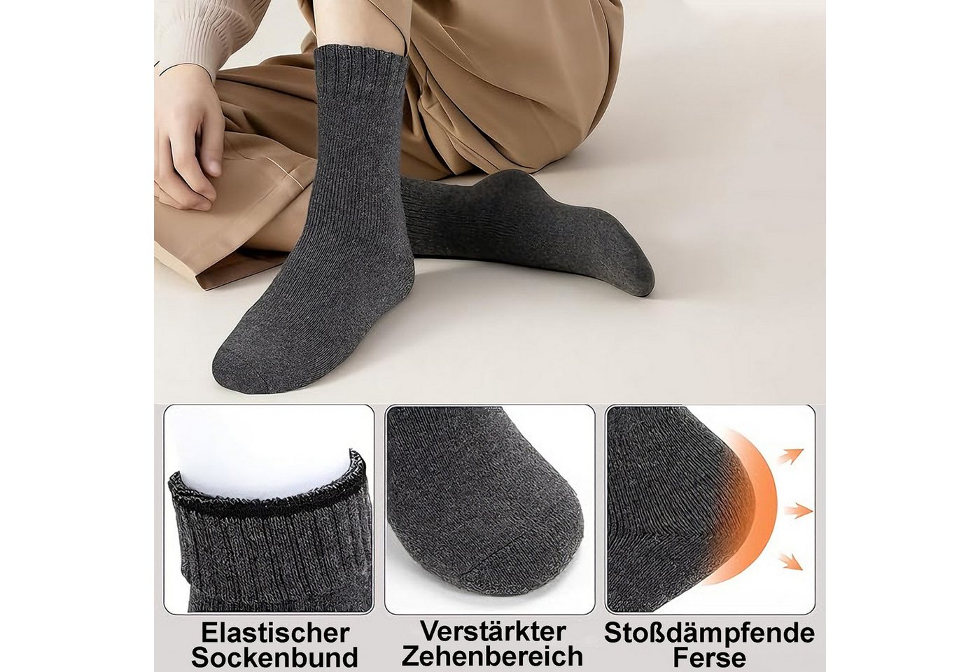Mutig Thermosocken 6 Paar Thermosocken Herren, Damen Wollsocken, Dicke Warme Wintersocken (Winter Sportsocken, Wandersocken, Frottee Baumwollsocken, Arbeitssocken für Herren und Damen) Lange Strümpfe für Wandern, Zuhause, Freizeit, Skifahren Bild 5
