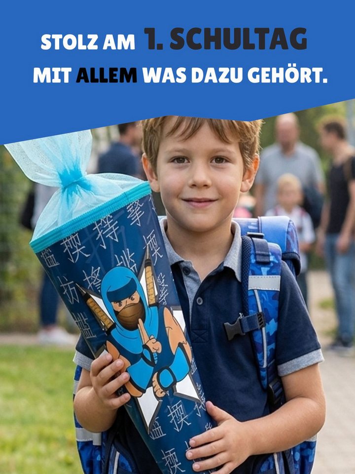 McNeill Schulranzen Ergo Complete "Puzzle" Ninja Schultasche Blau ab der 1. Klasse (Set, 10-tlg., inkl. Sporttasche und Ninja Schultüte / Zuckertüte), ergonomisch, mit Brustgurt, höhenverstellbar - wächst mit dem Kind mit