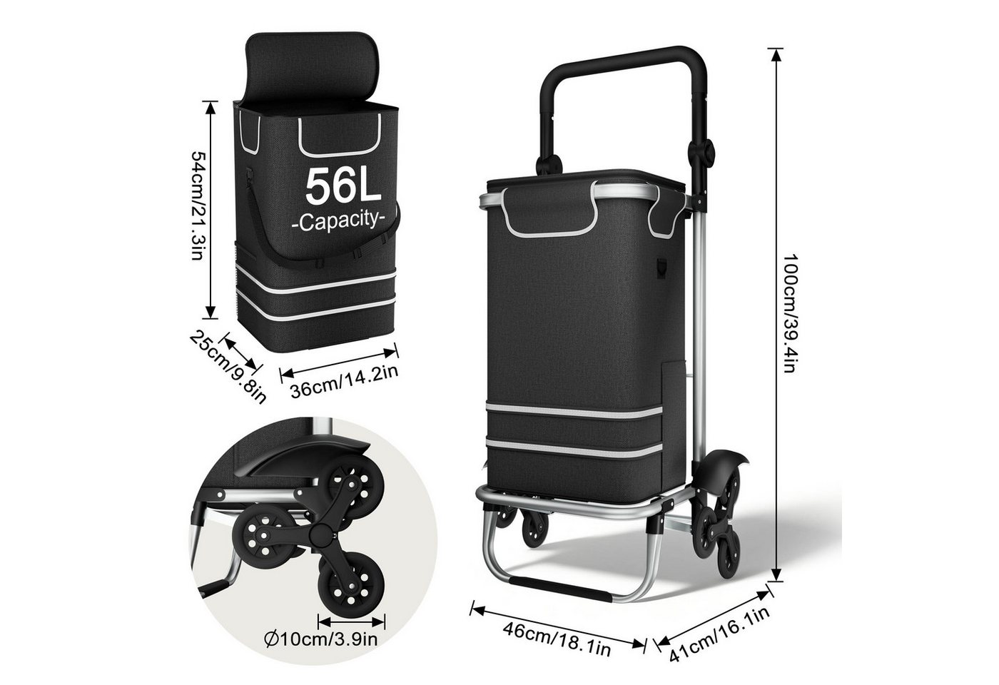 FIVMEN Einkaufstrolley 3 in 1 Treppensteiger Trolley mit Wasserdichter Tasche, 56L Einkaufswagen mit 3 Extra Großen Rädern, Schwarz/Blau