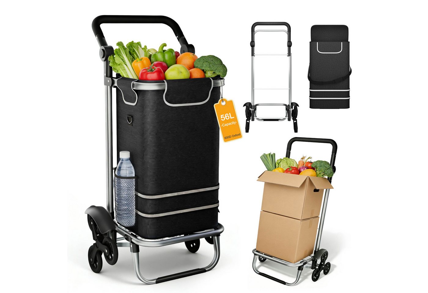 FIVMEN Einkaufstrolley 3 in 1 Treppensteiger Trolley mit Wasserdichter Tasche, 56L Einkaufswagen mit 3 Extra Großen Rädern, Schwarz/Blau Bild 2