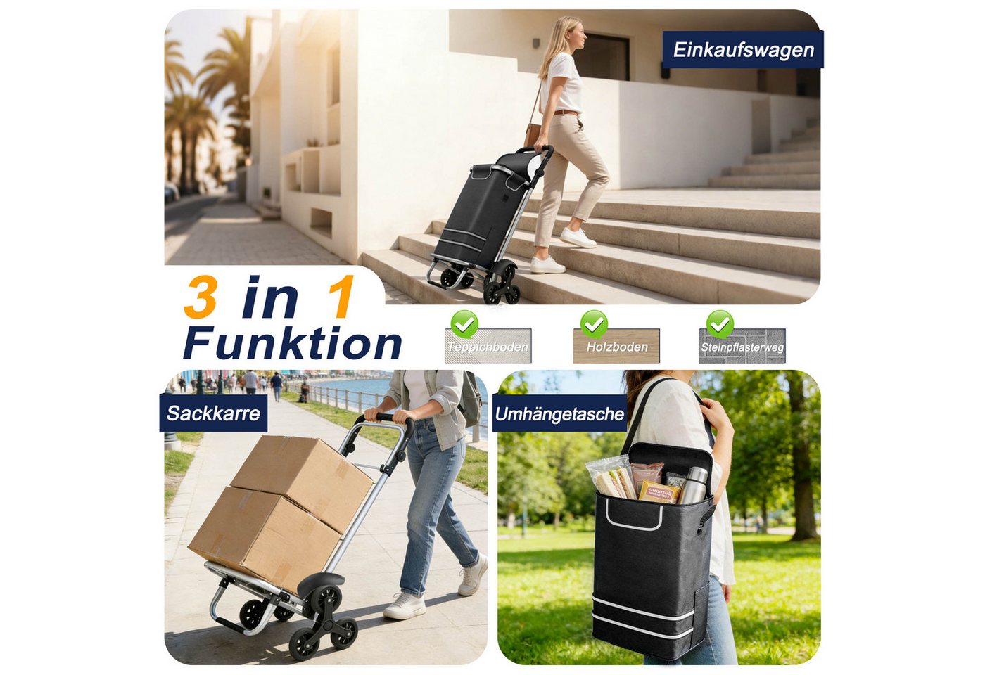 FIVMEN Einkaufstrolley 3 in 1 Treppensteiger Trolley mit Wasserdichter Tasche, 56L Einkaufswagen mit 3 Extra Großen Rädern, Schwarz/Blau Bild 4