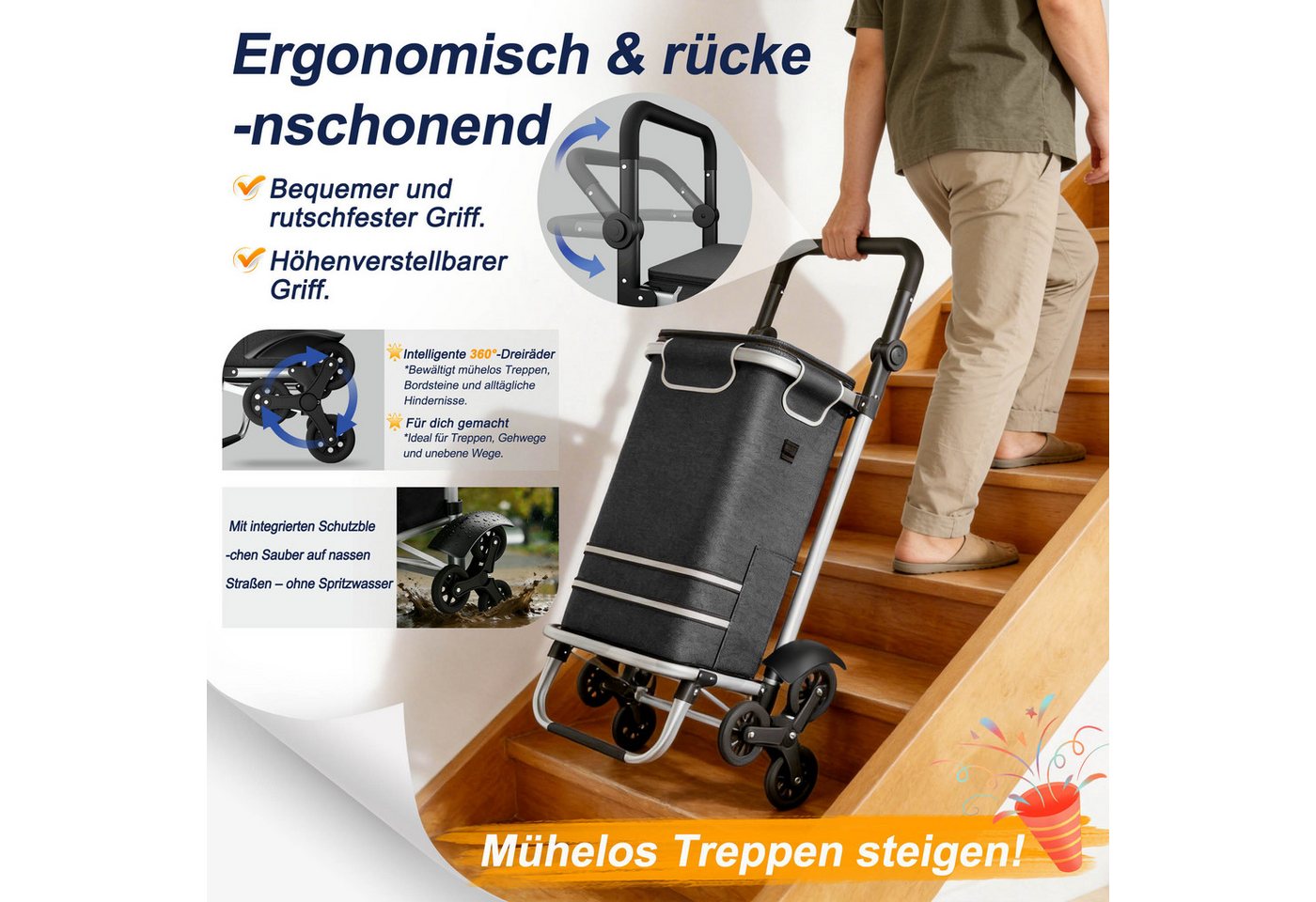 FIVMEN Einkaufstrolley 3 in 1 Treppensteiger Trolley mit Wasserdichter Tasche, 56L Einkaufswagen mit 3 Extra Großen Rädern, Schwarz/Blau Bild 5
