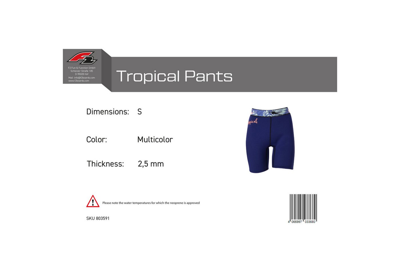 F2 Neoprenanzug F2 Damen Neopren Hose Tropical Pants 2,5 mm S Multicolor Bild 3