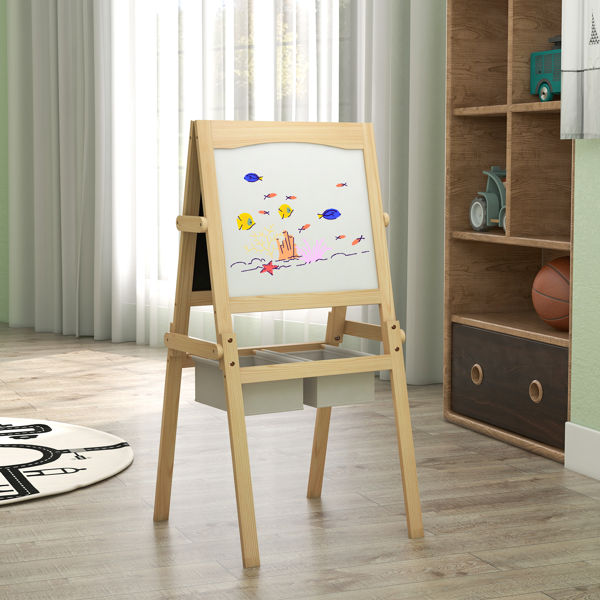 3-in-1 Multifunktions-kinderstaffelei Mit Zwei Körben, Holzstaffelei Für Kinder Von 3–6 Jahren, 58 X 50,5 X 109 Cm