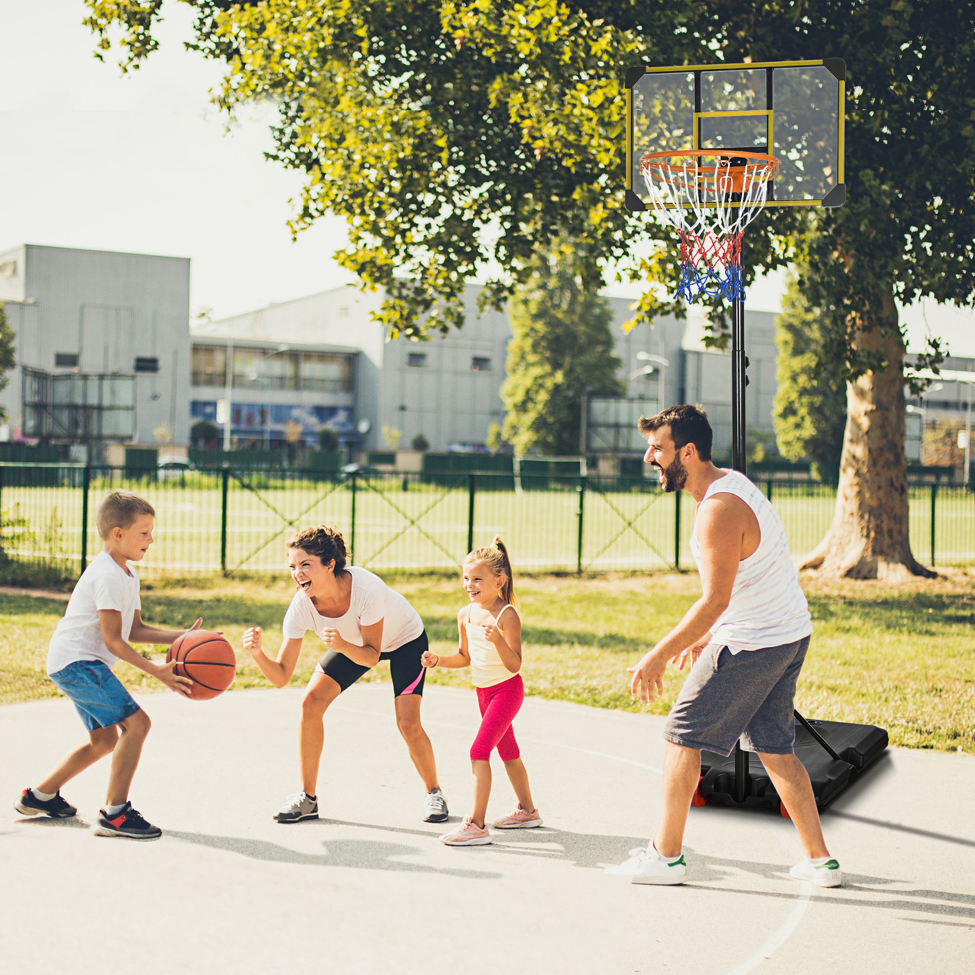 Höhenverstellbarer Basketballkorb Für Erwachsene, Outdoor-basketballkorb, Höhe 2,1–2,4 M, Mit Rollen Und Befüllbarem Fuß, Gelb