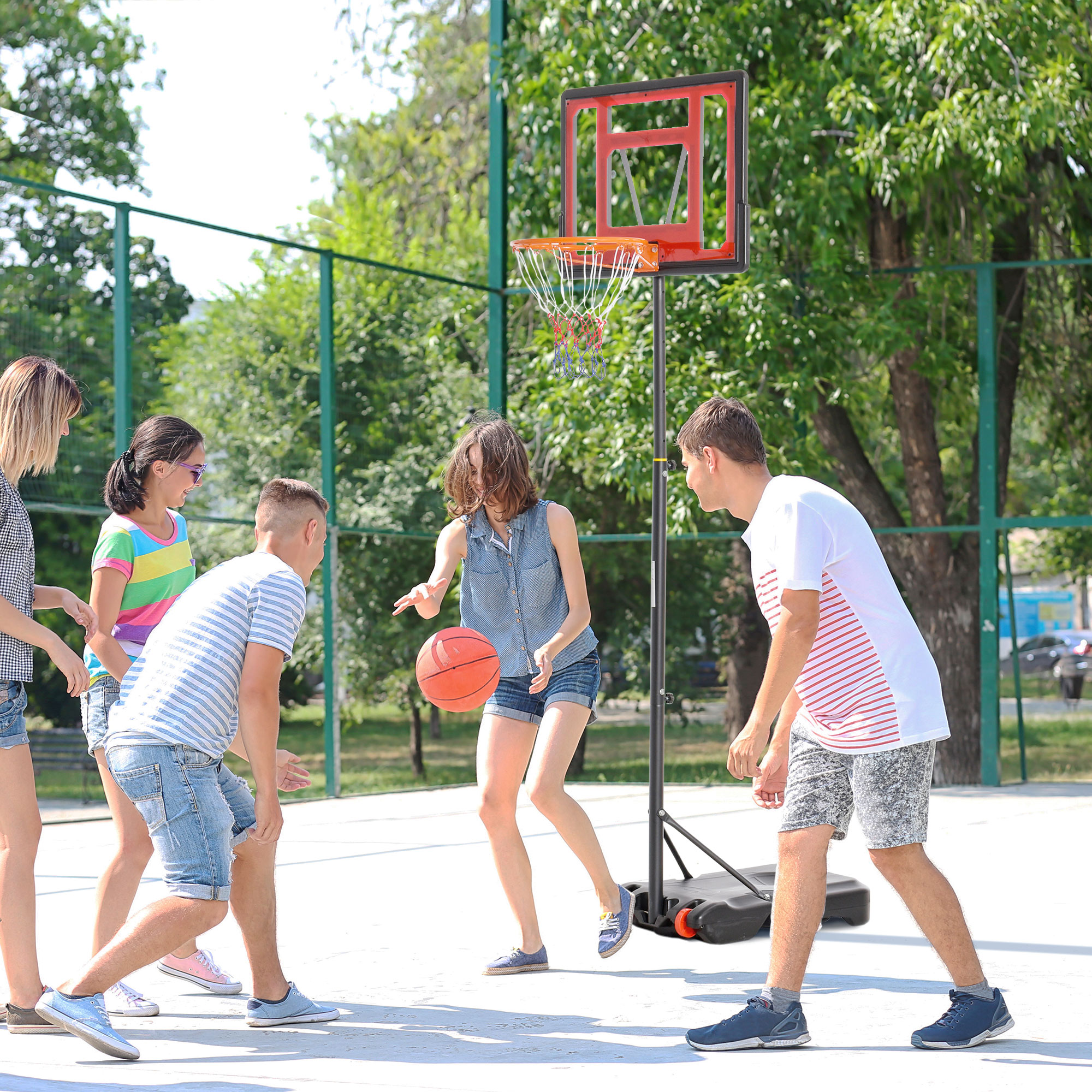 Homcom Verstellbarer Basketballkorb (205–261 Cm), Tragbarer Basketballkorb Mit Stahlständer, Nachfüllbarem Fuß Und 2 Transportrollen Für Kinder Und Erwachsene, Rot/schwarz