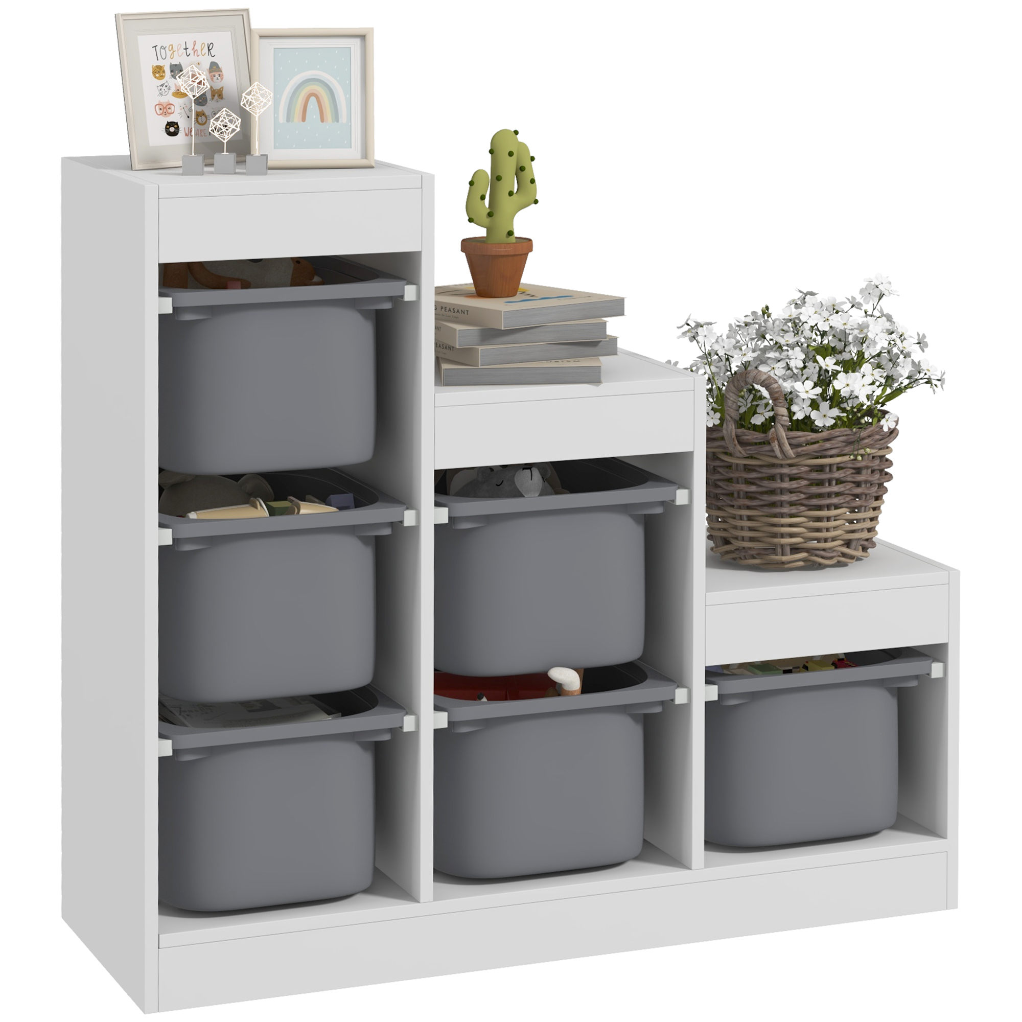 Aufbewahrungsmöbel Für Kinderspielzeug Mit 6 Herausnehmbaren Boxen, 3 Ablageebenen, 96 X 38,5 X 90 Cm, Grau