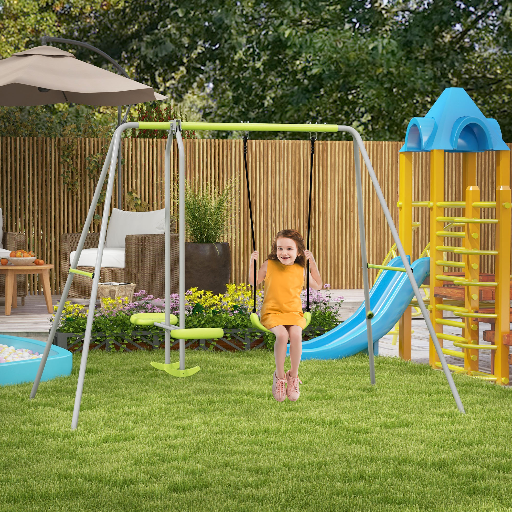 Kinderschaukel, Gartenschaukel Mit 1 Einzelschaukel, 1 Gleiter Und Uv-schutz, 255 X 160 X 180 Cm, Grau Und Grün