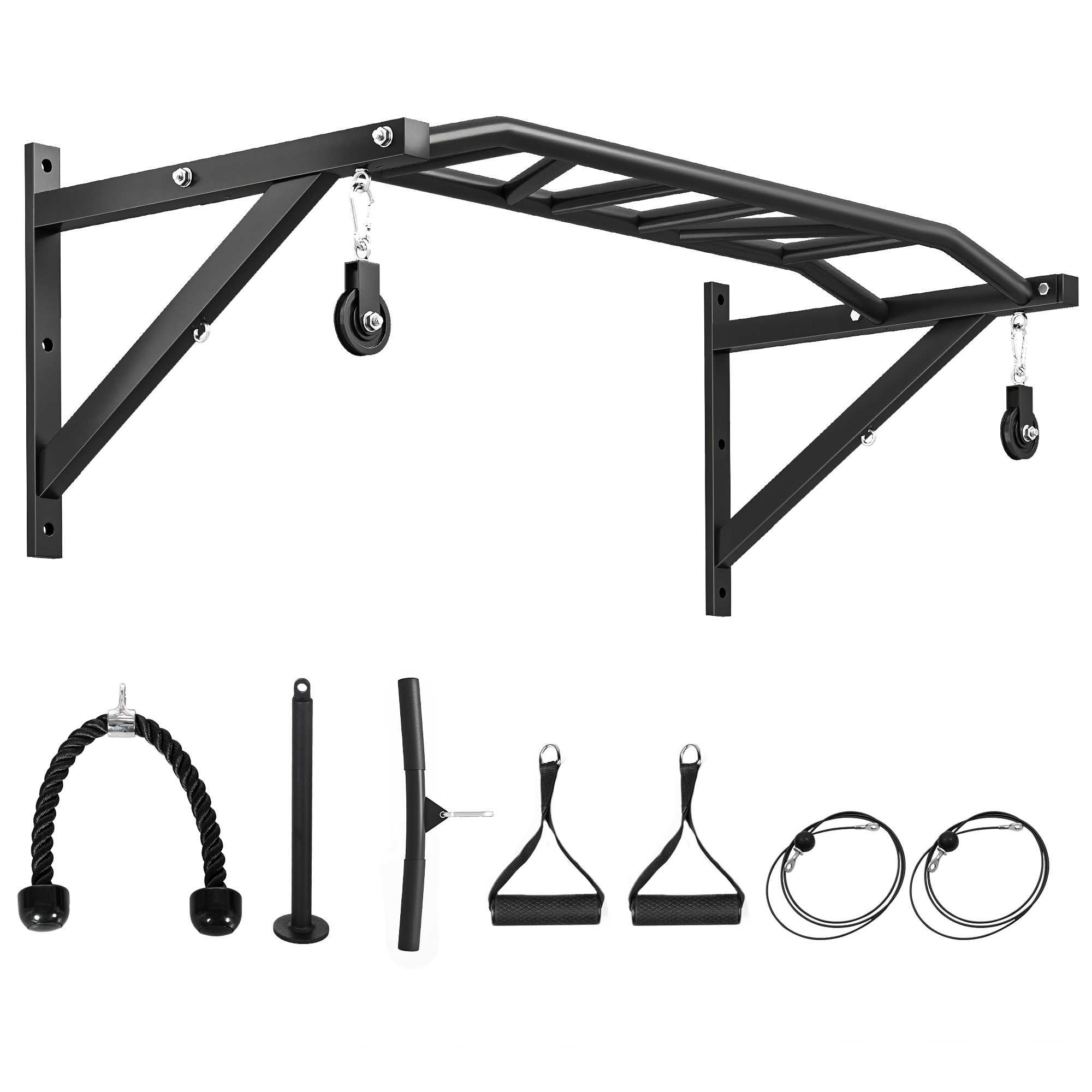 Wandmontierte Klimmzugstange, Fitnessstange Mit Verschiedenen Griffmöglichkeiten, Seilzugsystem, 200 Kg Belastbarkeit, Stahl, 126 X 60 X 45,5 Cm, Schwarz
