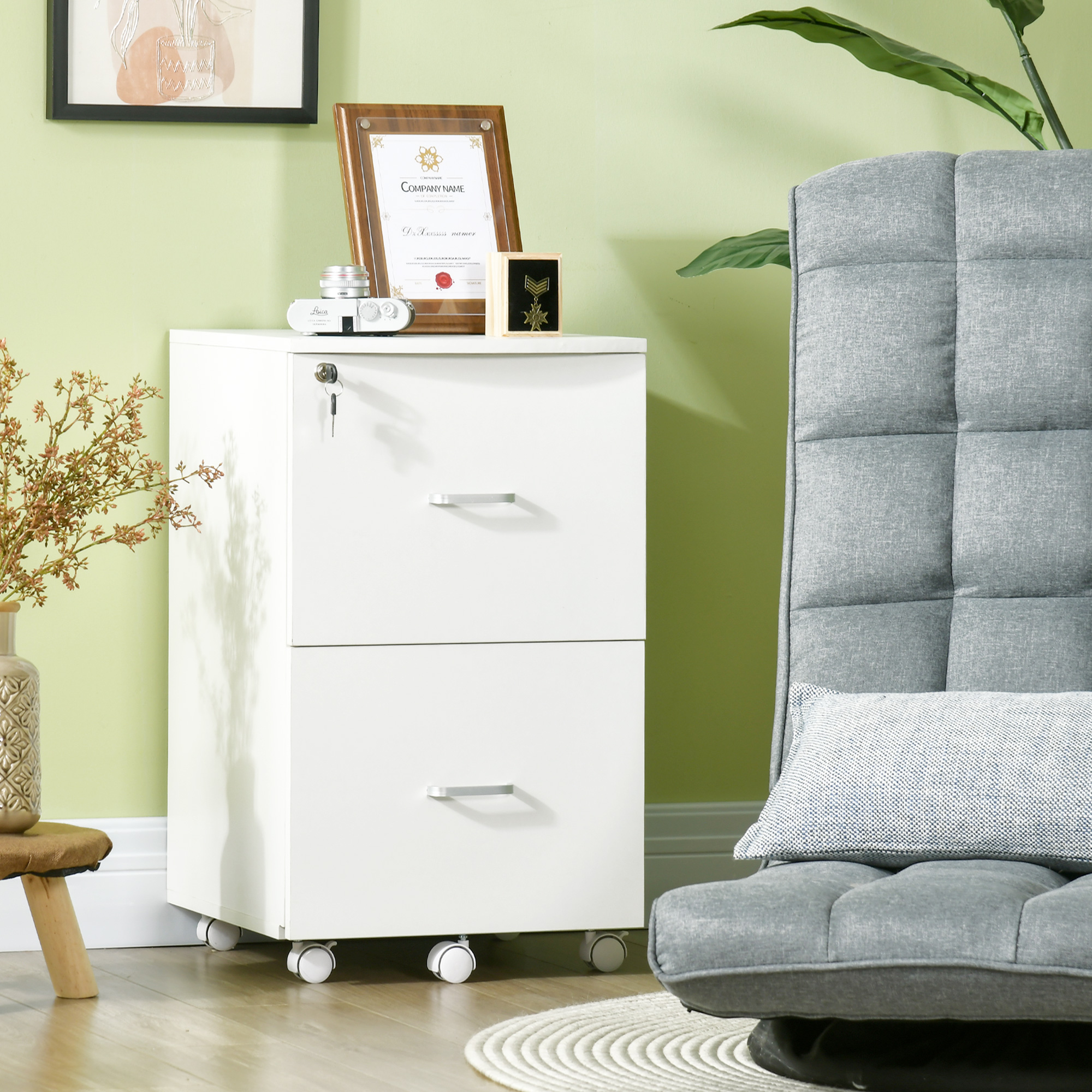 Büro- Und Arbeitszimmerschrank Mit 2 Abschließbaren Schubladen, 5 Rollen Und Ablagefläche, Aktenschrank Aus Mdf Und Spanplatte, 43 X 45 X 72 Cm, Weiß