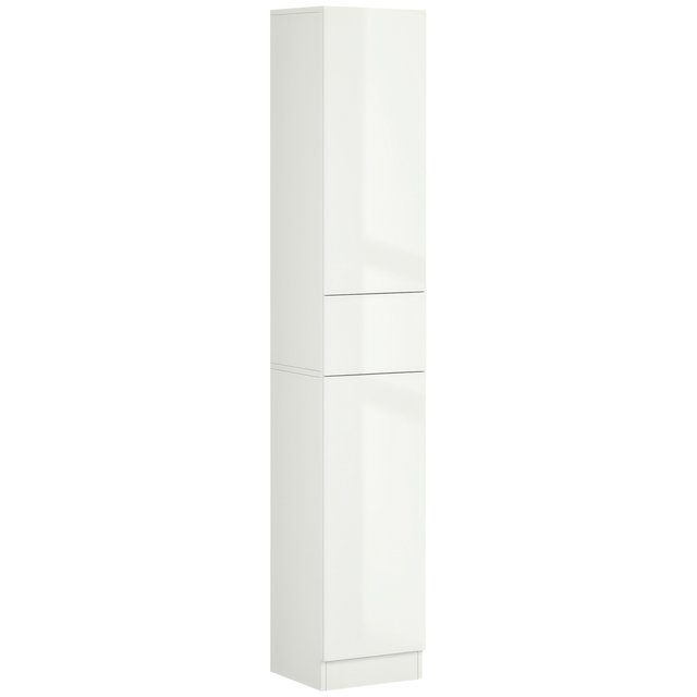Kleankin Badezimmer-aufbewahrungssäule Im Modernen Stil Mit 2 Schränken, 3 Regalböden Und 1 Schublade, Glänzende Spanplatte, Maße: 30 Cm (b) X 28 Cm (t) X 170 Cm (h), Weiß Lackiert