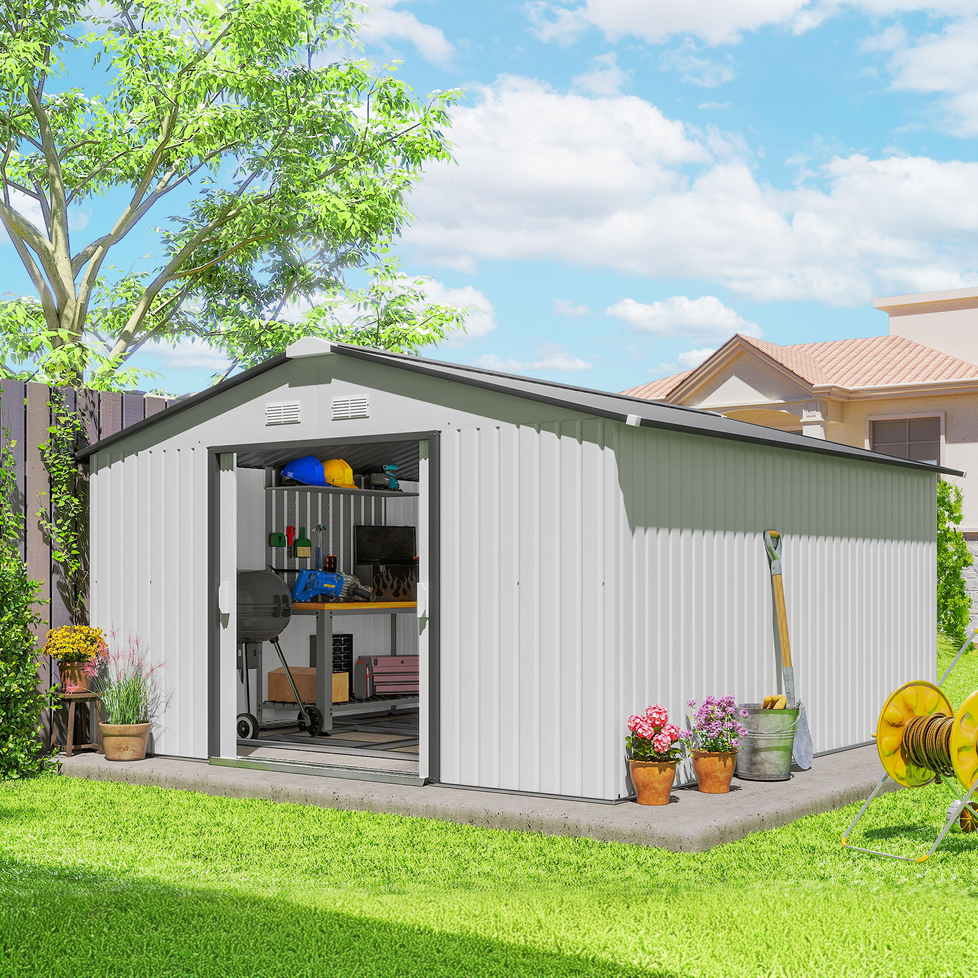 Außenbereich Gartenfläche 12,4 M² 340x386x200 Cm Mit Schräger Technischer Tür Und 4 Weißen Lüftungsschlitzen