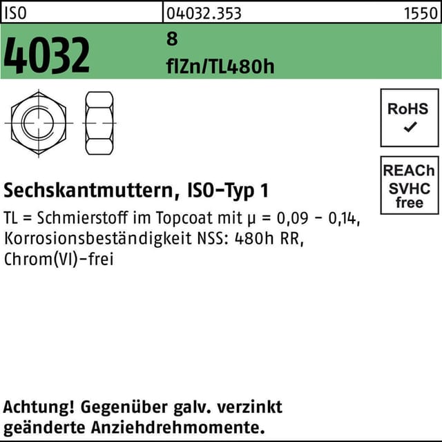 Sechskantmutter iso 4032 m 8 8 zinklamellenbes. Gleitm. flZnnc 480h-L