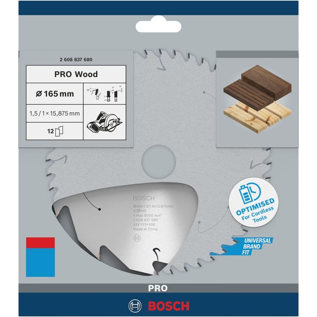 Bosch - Akku-Kreissägeblatt Standard for Wood, 165 x 1,5/1 x 15,87, 12 Zähne, Freiwinkel 10°, Spanwinkel 25°