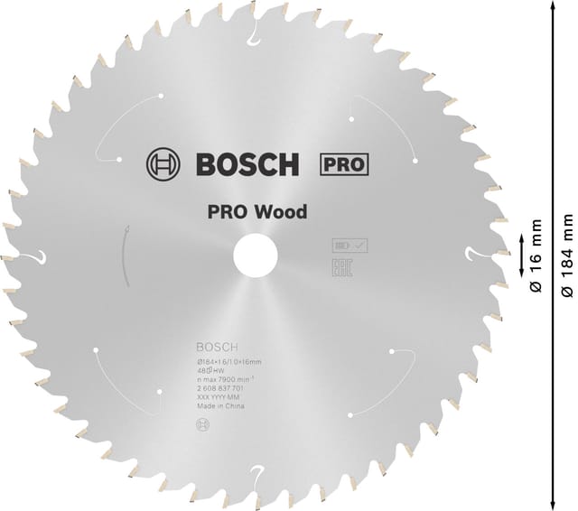 Akku-Kreissägeblatt Standard for Wood, 184 x 1,6/1 x 16, 48 Zähne, Freiwinkel 15°, Spanwinkel 5° - Bosch