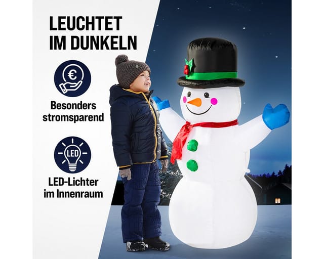Aufblasbarer Schneemann xl 120cm led Beleuchtet Befestigungsmaterial IP44 Außen Witterungsbeständig Weihnachtsdeko Weihnachtsfigur Christmas - Monzana