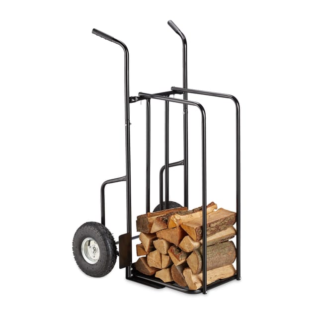 Relaxdays - xl Kaminholzwagen Metall, Brennholzkarre mit 2 großen Rädern, bis 200 kg, Transport & Aufbewahrung, schwarz