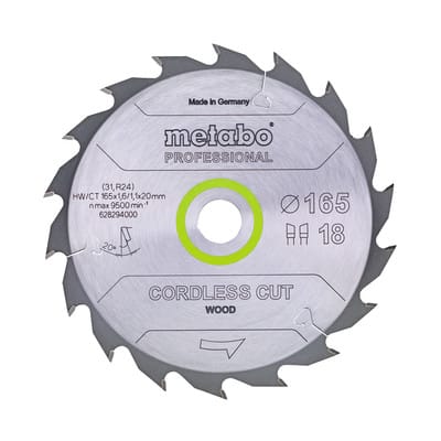 Metabo - Sägeblatt cordless cut wood - professional, 165x1,6/1,1x20 Z18 wz 20° (628294000)