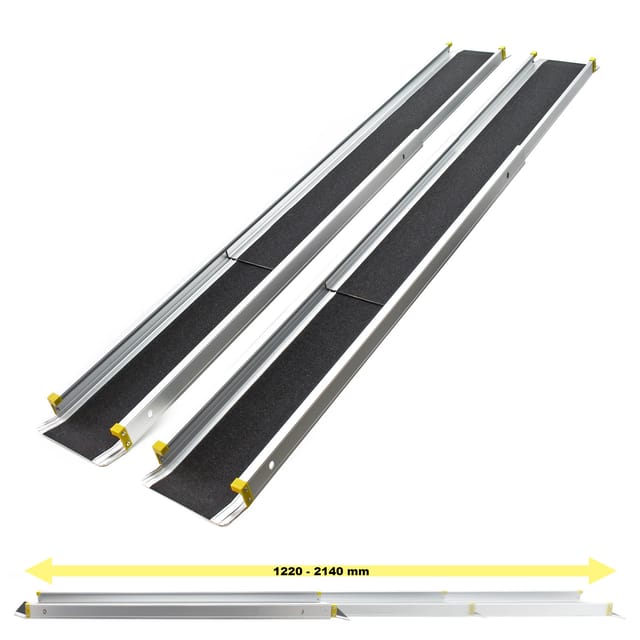 Wiltec 2x Alu Teleskop-Rampe 270 kg 121,5-213,5 cm mit Antirutsch-Belag & seitlich erhöhten Schienen, Rollstuhlrampe
