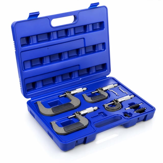 Mikrometer Werkzeug Set, 0-100 mm Messbereich, 0,01 mm Messgenauigkeit, Werkzeugset Stahl mit 4 Bügelmessschrauben und Koffer - Wiltec