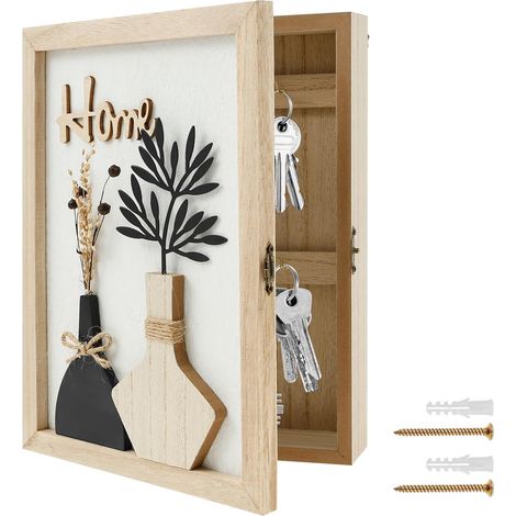 Schlüsseltresor, Holz Und Metall, 6 Haken, Trockenblumen-design, Wandaufbewahrung Für Eingangsbereich Und Wohnzimmer