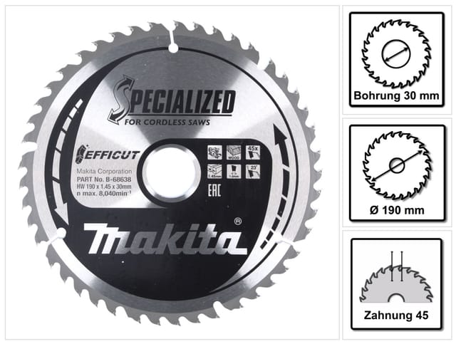 Zubehör - Sägeblatt Holz 190x30 mm, 45 Zähne B-68638 - Makita