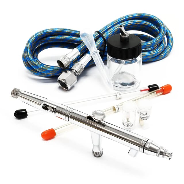 Wiltec - Airbrush Pistole Typ 182K mit Double Action Funktion, Düse ø 0,2-0,5 mm, 1 Farbbecher, Adapter für Modellbau, Nailart usw.