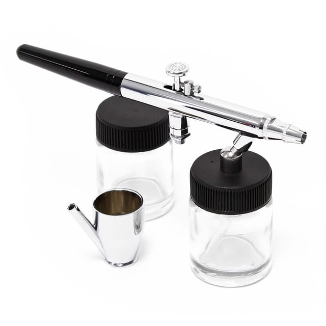 Wiltec - Airbrush Pistole Typ 128 mit Double Action Funktion, Nadel und Düse ø 0,35 mm, 3 Farbbecher, Adapter und Schlauch, für Modellbau, Nailart