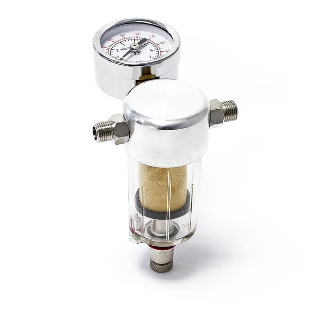 Airbrush Kompressor Minifilter, 9,51 mm Gewinde (1/8'), Luftfilter mit Wasserabscheider und Manometer, Airbrush Zubehör - Wiltec