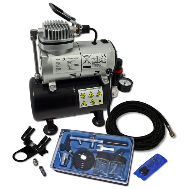 Wiltec Einsteiger Airbrush Kompressor Set AS186 mit 1 Airbrushpistole Typ 128 und umfangreichem Zubehör, 3 l Drucktank, für Modellbau, Tattoos,