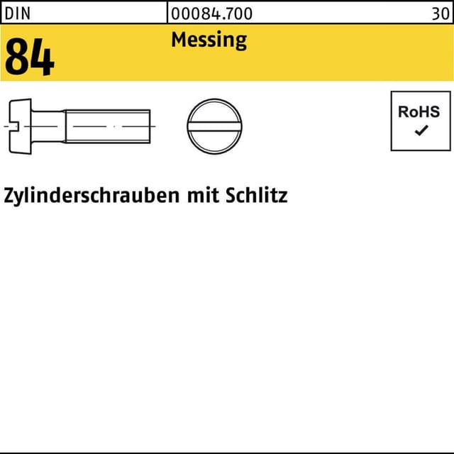 Zylinderschraube DIN 84/ISO 1207 Schlitz M 2 x 12 Messing