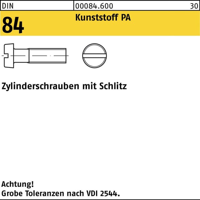 Zylinderschraube DIN 84/ISO 1207 Schlitz M 3 x 4 Polyamid