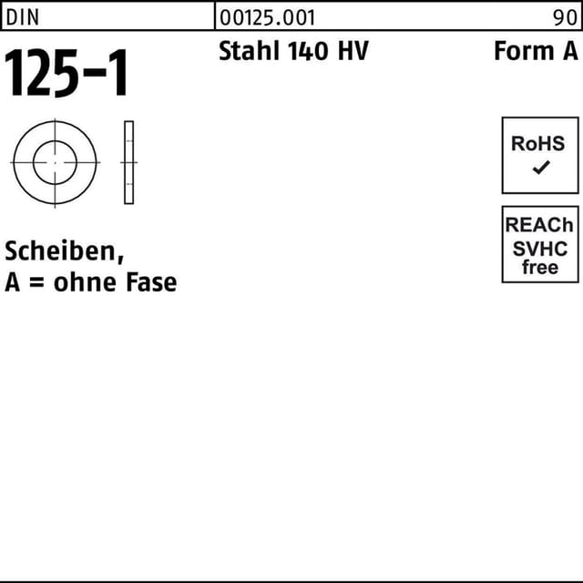Unterlegscheibe DIN 125-1 Form A 5,3 x10 x1 Stahl 140 HV