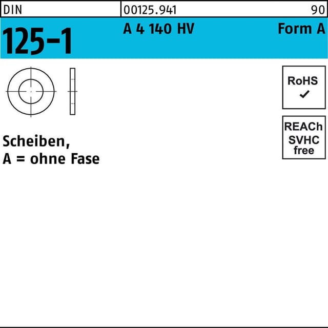 Unterlegscheibe DIN 125-1 Form A 5,3 x10 x1 A 4 140 HV