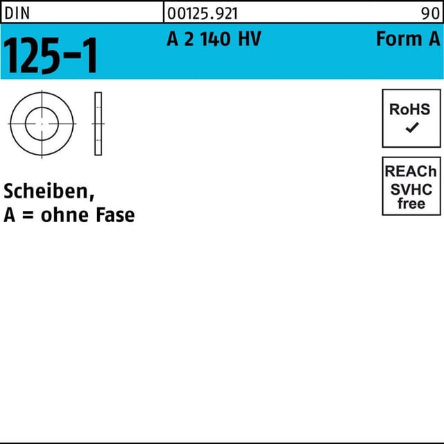 Unterlegscheibe DIN 125-1 Form A 6,4 x12 x1,6 A 2 140 HV