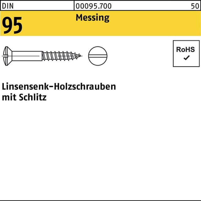 DIN 95 LinsenSenkkopf-Holzschraube 2x8 Messing blank Schlitz 500 Stk