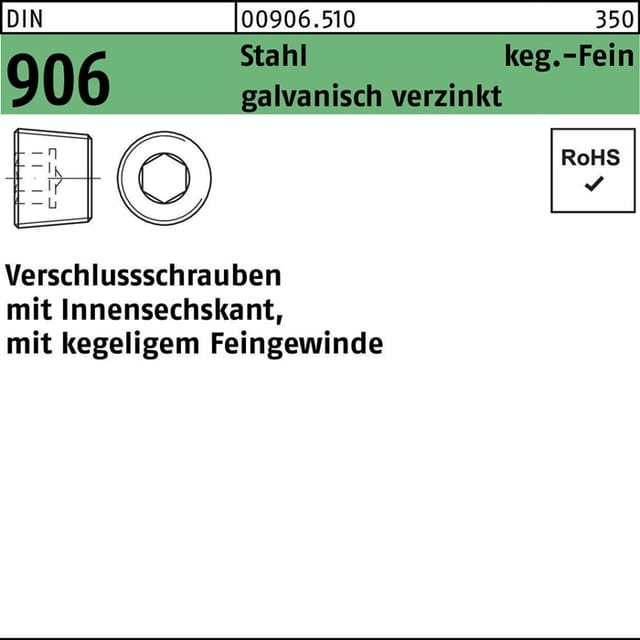 Verschlußschraube DIN 906 m.Innen-6-kant M 12 x 1,5 Stahl galvanisch verzinkt