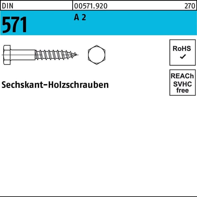Sechskantholzschraube DIN 571 6 x 30 A 2