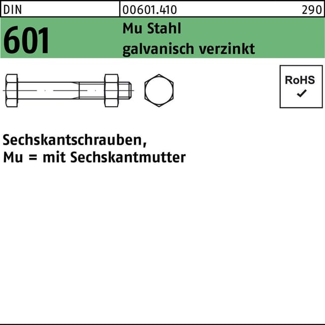 Din 601/ISO 4016 Sechskant-Schaftschraube M16x50 Stahl 4.6 galvanisch verzinkt m. Mutter 50 Stk