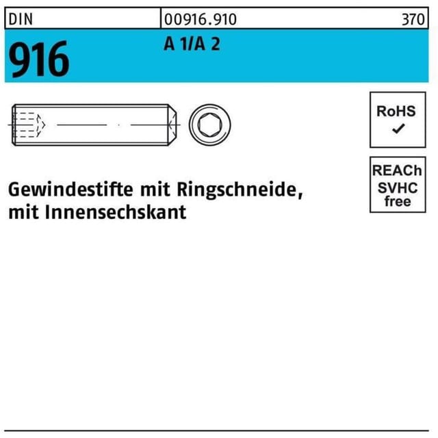 Reyher - Gewindestift din 916 Ringschn./Innen-6-Kant m 4 x 3 A1/A 2
