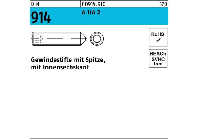 Reyher - Gewindestift din 914 m.Spitze/Innensechskant m 6 x 6 A1/A 2