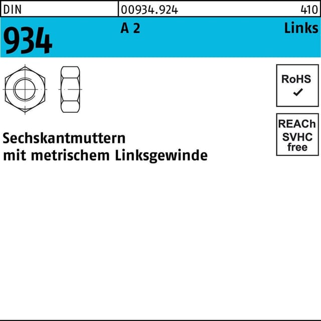 Sechskantmutter DIN 934 links M 10 -LH A 2 (- 70)
