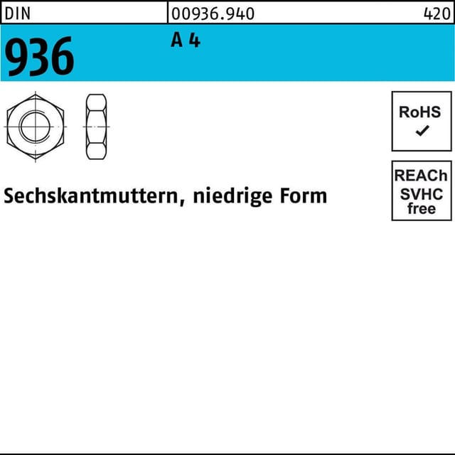 Sechskantmutter DIN 936 M 22 x 2,5 Edelstahl A4 blank 10 Stk