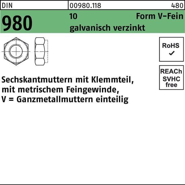 DIN 980/ISO 7086, 10513 Selbstsichernde Sechskantmutter M 20 x 1,5 Stahl galvanisch verzinkt 50 Stk