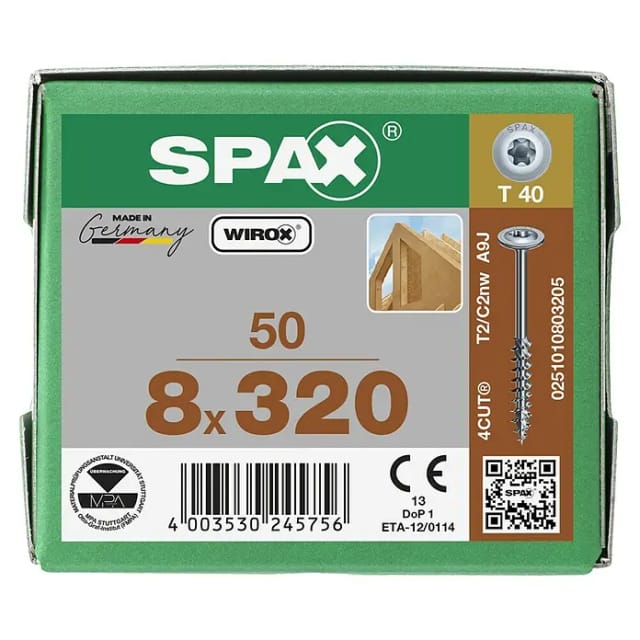 Banyo - spax hi.force, 8 x 320 mm, 50 Stück, Teilgewinde, Tellerkopf, t-star plus T40, 4CUT, wirox - 0251010803205