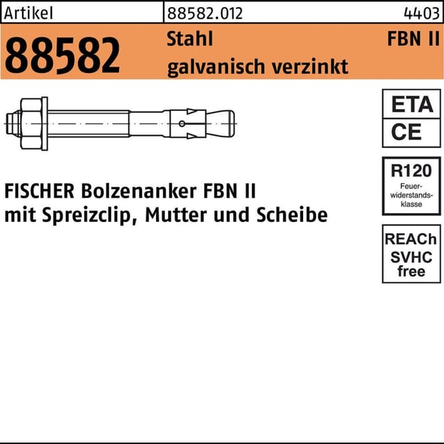 Fischer - fbn ii 8/ 10/ 71 Bolzen verzinkt-blau mit Bewertung druckzonentauglich