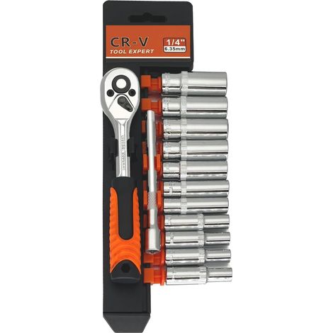 13-teiliger 1/4"-ratschenschlüsselsatz, 1/4"-antriebs-steckschlüsselsatz, Cr-v-sechskant-steckschlüssel, Wendeschlüssel Mit Langer Verlängerungsstange (4-14 Mm)