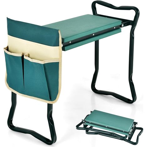 Klappbarer Gartenhocker, Gartenkniebank Mit Werkzeugtaschen, Dickem Sitzkissen, 150 Kg Tragkraft, Mehrzweck-gartenbank, 58 X 27,5 X 49 Cm (hocker + 1 Tasche, Grün)