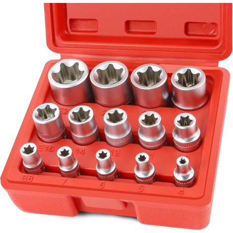 Satz Mit 14 E-torx-sternschlüsseln, E4- Bis E24-profilnüsse, 1/2"-koffer, 1/4" (rot) Torx-steckschlüsselsatz
